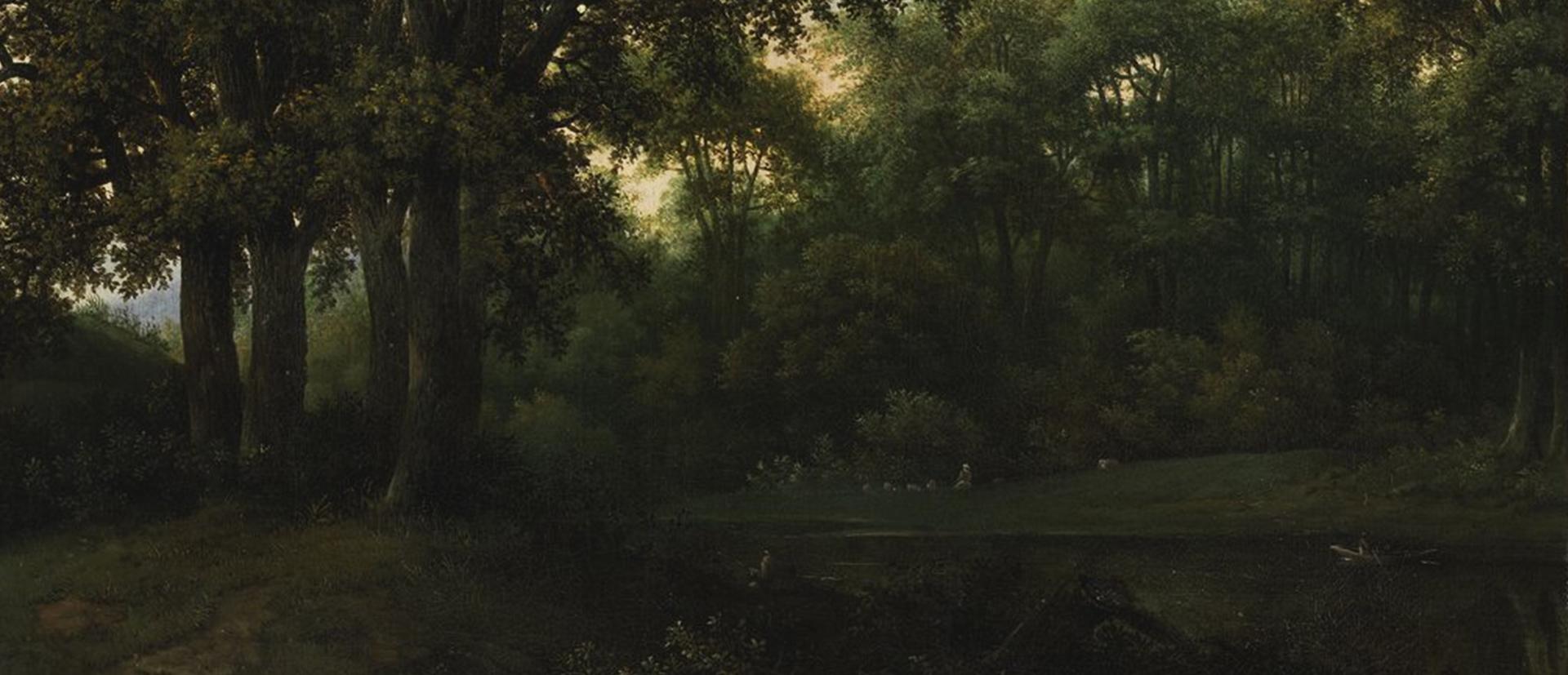 Schilderij van een boslandscap door Jan Lagoor met bomen en grasveld