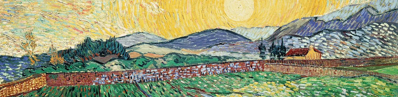 Schilderij van Vincent van Gogh met een tarweveld en een zonsopgang